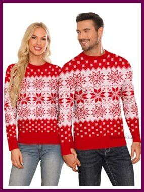 Couple Matching Christmas Sweater Snowflake Reindeer Crewneck Knit Pullover